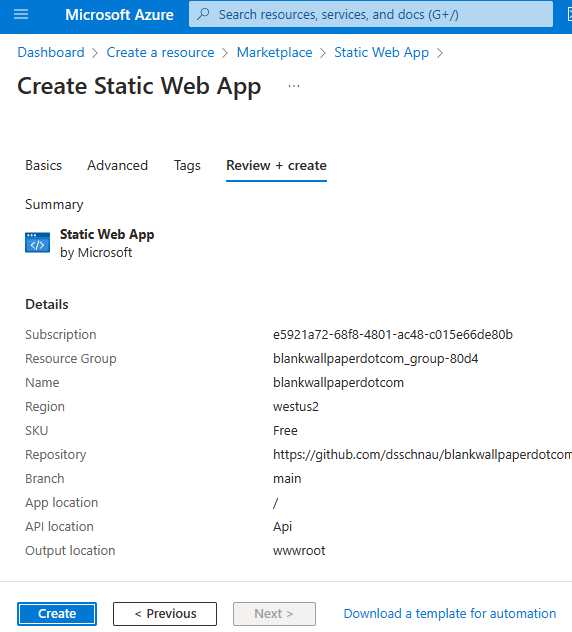 Preview Create Azure Static Web App